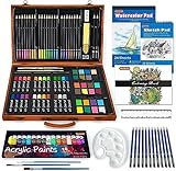 Shuttle Art 118 teiliges Malset, Deluxe Malkoffer mit Acrylfarben, Buntstift, Ölpastellkreide, Aquarellfarben, Wachsmalstifte, Malbuch, Aquarellblock, Holzkoffer, für Kinder und Erwachsene geeignet