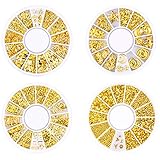 HQdeal 4 Boxes Nagel Kunst Strass, 3D Nagel Kunst Dekorationen, Mix Größe Nagel Perlen Glitter Strass Gold Metall Hohlniet Nagelkunst Stern Mond Sonne Nagel Zubehör für DIY Nageldesign