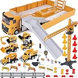 Baufahrzeuge Kinder groß LKW Fahrzeug Spielzeug mit Kran Spielzeug Bagger Dampfwalze Planierraupe Lastwagen Betonmischer Gabelstapler Konstruktionsfahrzeuge Geschenk für Kinder Jungen 4 5 6 7 8 Jahre