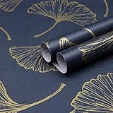 Yomshi Selbstklebende Tapete Gold Blätter Tapete 44×300cm Blau Möbelfolie Selbstklebend abnehmbar Verdickte Klebefolie Wasserdicht Wandschutzfolie Vintage Tapete für Wohnzimmer Schlafzimmer Küche