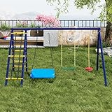 Jaxenor Schaukel Outdoor mit Gestell, Schaukelgestell Outdoor mit 3 Schaukeln, Gartenschaukel Kinder mit Klettergerüst und Basketballkorb, Schaukelgerüst, Antique Blue