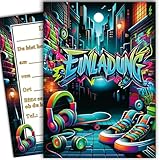 10 Kinder Einladungskarten Einladung Kindergeburtstag Graffiti Neon City Beats Jungen und Mädchen Kinder-Geburtstag Geburtstag Party Einschulung 5 6 7 8 9 10 11 12 13 14