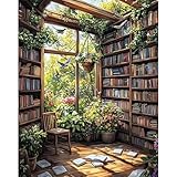 DAERLE Malen Nach Zahlen Erwachsene, Bibliothek und Pflanzen, DIY Handgemalt Ölgemälde Kit für Anfänger und Erwachsene, Mit Acrylfarbe Leinwand und 3 Pinsel Kit 40x50cm, Ohne Rahmen, Fantasiehaus