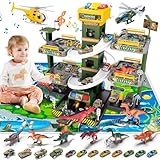 BuzzoXerex 5 Stockwerke Parkgarage für Kinder, Autorennbahn mit 14 Autos und 2 Hubschrauber, Spielzeug Parkhaus mit Aufzug, Licht & Sound, Geschenke für Kinder 5 6 7 8 9 Jahren (Dinosaurier)