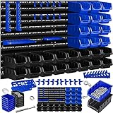 MASKO® Stapelboxen + Wandregal + Werkzeughalter 45-teiliges Set Box erweiterbar Sichtlagerkästen Schüttenregal Steckregal, Hängeregal Sortimentskasten Kleinteilemagazin Werkstatt-Regal Schwarz/Blau