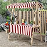 VOLDAX Marktstand Imbisswagen Marktstand-Display Aus Holz, Süßigkeiten/Eis-Verkaufsstand mit Markise Faltbare Bauernmarktstände for Straßen/Bauernmärkte(Red,120cm/47in)
