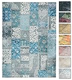 TESSO LIVING Kelim Patchwork Teppich Blau 80 X 145 cm - Maschinenwaschbar - Moderner Kurzflor Wohnzimmer Teppich - Super Soft