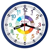 Kiddus Kinder Wanduhr, Jungen und Mädchen, Analoger Lernuhr mit Zeitlernübungen, Kinderwanduhr Ohne Ticken, Kinderzimmer Lautlose, Schule, Uhrzeiger Deutsch