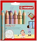 Buntstift, Wasserfarbe & Wachsmalkreide - STABILO woody 3 in 1 - 6er Pack mit Spitzer - mit 6 verschiedenen Pastellfarben