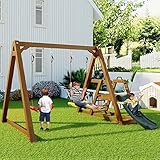 Doppelschaukel für Kinder, Robuste Kinderschaukel mit Rutsche und Kletterleiter, Outdoor Schaukelgerüst Schaukelgestell aus Massivholz, 238,5x240x168,9cm