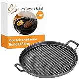 Preiswert&Gut Gusseisenplatte rund Ø 31 cm – massive 2,9kg Grillplatte aus Gusseisen Pfanne mit Griffen Grillpfanne für BBQ, Grill, Herd & Ofen gleichmäßige Wärmeverteilung