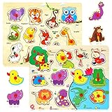 2 Stück Holzpuzzle Steckpuzzle ab 1 2 3 Jahre,Greifpuzzle Holzspielzeug,Montessori Lernspielzeug für Baby Kinder Junge Mädchen,mit Griffigen Holzknöpfen,Bauernhof,Dschungeltiere Motive Geschenke