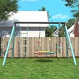 Kinderschaukel mit Metallrahmen, Nestbaumschaukel (höhenverstellbar), Kletterleiter und Kletternetz, Wippe,Hinterhof, Spielplatz, Spielständer im Freien, geeignet für Kinder von 3 bis 8 Jahren, blau