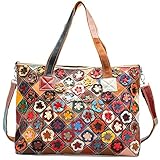 Bunte Damen Handtasche, Stilvolle Echtleder Hobo Henkeltasche, Laptop Tote Bag Tasche mit Patchwork Design, Große Umhängetasche Schultertasche für Frauen