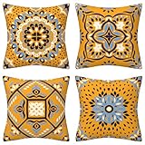 QUALKNOY Set mit 4 Samt-Kissenbezügen, 45,7 x 45,7 cm, gelb, modern, Boho, dekorativer Retro-Kissenbezug, 45 x 45 cm, für Sofa, Wohnzimmer, Outdoor, Garten