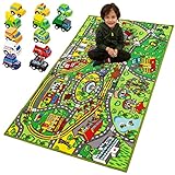 Teppich Kinderzimmer 80x150cm mit 12 Mini Auto Spielzeug für Kinder ab 3 Jahren, Spielteppich Straße Kinderteppich, Autoteppich Junge Mädchen für Schlafzimmer & Spielzimme