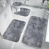 Qixuer WC Vorleger Set 4-teilig mit Ausschnitt, rutschfeste Badezimmermatte 40x60+40x50+40x40+40x80cm, waschbare Badteppiche aus Polyester in Hellgrau