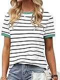 Fisoew Damen Streifen T Shirt Rundhalsausschnitt Kurzarm Basic Stripe Tee Tops Grün XL