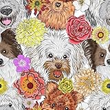 VEELIKE Tapete Blumen Hund Blumentapete Weiß Hundewelpe Mustertapete Selbstklebende Tapete Blumen Hund 44.5 cm x 300 cm Fototapete Schlafzimmer Kinderzimmer Wand Dekoration Freundlich für Mieter