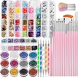 Nail Art Dekorationen & Nagelpinsel Set, FANDAMEI Nail Art Pinsel, Dotted Pen, 12 Farben Glitzer für Nägel, Schmetterling & Herzenform Nagel Pailletten, Strasssteine Nägel, Blattgold für Nagelkunst