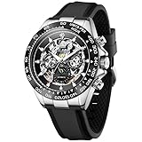 OLEVS Armbanduhr für Herren, Automatik, 3 ATM wasserdicht, Multi-Kalender, Mondphase, Skelett, Silikonband, Business-klassische Diamant-Luxus-Armbanduhr, Schwarz-6713