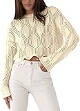 Saodimallsu Damen Strickpullover Rundhals Pullover gehäkelte ausgehöhlte Blusen Elegante Sweateshirt Langarm Lässig Oberteile Einfarbig Pulli Beige M