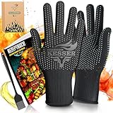 KESSER® Grillhandschuhe XXL, auch für Topf und Kamin, hitzebeständig bis 500°, atmungsaktiv, Rutschfester Griff, Aramid-Gewebe, maschinenwaschbar, inkl. Rezeptbuch & Kochpinsel, Größe M-L, Anthrazit