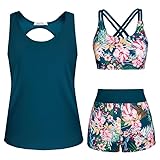 JASAMBAC Tankini Damen Set,3-Teiliger Bikini Damen Bauchweg,Push-Up-Bikinioberteil Und High Waist Badeshorts, Einfache Badebekleidung, Damen-Sport-Badeanzug, Badebekleidung FüR Schwimmbad, Strand