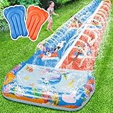 Doppelwasserrutsche mit 2 Bodyboards, extra lange Rasenwasserrutschen für Kinder und Erwachsene, strapazierfähig, riesiges Outdoor-Wasserrutschspielzeug mit Crash-Pad für Garten-Sommer-Party