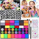 Kinderschminke Set, 42 Gesichtsfarben Kinderschminken Set, Schminke Kinder mit professionellen Pinsel, 4 Schablonen, 2 Diamant-Sticker, Waschbar Face Paint Bodypaint Schminkset für Halloween Karneval