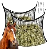 Heunetz für Pferde 90x60cm, 2 Stück Heunetz Heusack für Pferde, Heunetz Maschenweite 3 x 3cm, Heunetztasche mit 4 Karabinerhaken, Heutasche Schwarz, Engmaschig Heusack, Pferdeheunetz, Füllmenge 8 kg