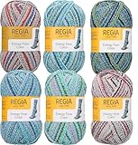 Regia Sockenwolle Set 4-fädig, mit Baumwolle, 6x100g Sockengarn Paket 4-fach, Strumpfwolle gemustert mit Farbverlauf, trocknergeeignet, 42% Schurwolle, 33% Baumwolle, 25% Polyamid