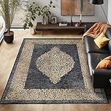 Waschbarer Teppich Flachgewebe Robust Barock Design Vintage Optik rutschfest Teppich Wohnzimmer, Farbe: Schwarz, Größe: 160 x 230 cm