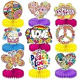 Qpout 9 Stück Groovy Hippie Boho Party Honeycomb Tafelaufsätze Batik Party Tischaufsatz Honeycomb Hippie Retro Blume Regenbogen Gänseblümchen Frieden für 60er 70er Jahre Hippie Dekorationen