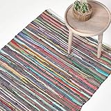 Homescapes Chindi-Teppich/Bettvorleger, handgewebt aus 100% recycelter Baumwolle, 60 x 90 cm, Flickenteppich mit bunten Streifen