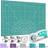 Miuzei A2 A3 Schneidematte mit Rollschneider und Ersatzklingen, Selbstheilende Handwerksunterlage Nähzubehör grün, Stoffschneider-Set, Schreibtischunterlage zum Basteln,Doppelseitiges Gitter