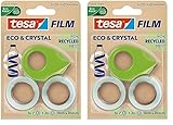 tesafilm eco & crystal Klebeband - transparenter Klebefilm aus wiederverwertetem PET-Material - reißfest, mit starker Klebkraft - Set mit kompaktem Klebebandabroller - 2 Rollen á 10 m x 19 mm
