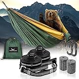 PURE HANG Premium Camping Hängematte Outdoor 2 Personen aus Nylon Fallschirmseide für Reise, Travel, Garten mit Befestigung Aufhänge Set | 300kg Belastung (Dunkelgrün)