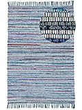 carpetfine Flickenteppich Kelim Chindi Blau 60x110 cm | Fleckerlteppich aus Baumwolle für Wohnzimmermit Fransen