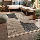 Paco Home Hochwertiger Outdoor Teppich Wetterfest & Pflegeleicht Jute-Sisal-Optik mit Fransen & Hoch-Tief-Effekt Langlebig für Terrasse, Balkon, Garten & Küche, Grösse:80x150 cm, Farbe:Anthrazit