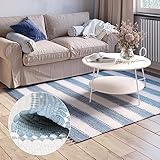 MY-RUG Chindi Fleckerlteppich 80 x 150 cm - Hellblau Weiß gestreift, handgewebt, recycelte Baumwolle als Flickenteppich und Wendeteppich, moderner Kelim Teppich Aarav
