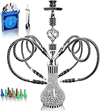 Shisha Komplettset mit 4 Schläuchen, 22'' Großes Shisha Kit für bis zu 4 Personen mit allem inklusive, Keramikschüssel | Premium-Schlauch| Schöne Glasvase (Schwarz GF1)