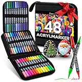 Zenacolor 48 Acrylstifte für Steine wasserfest mit Doppelspitze (feine Spitze und Pinsel) - Acrylstifte verschiedene Oberflächen - Multimarker Acryl mit einer Tasche