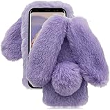 LCHDA Plüsch Hülle für Samsung Galaxy A16 5G Flauschige Hasen Fell Künstliche Kaninchen Pelz Niedlich Hasenohren Mädchen Süße Handytasche Stoßfest Schützend TPU Silikonhülle - Lila
