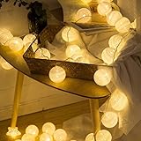 LED Lichterkette Innen Baumwollkugeln,3,3M/10,8ft 20er Lichterkette Batterie Kugeln,Boho Lichterketten Balkon Cotton Ball für Kinderzimmer Weihnachten Hochzeit Party Beleuchtung Dekoration(Weiß)