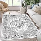 Enyhom Vintage Wohnzimmer Teppich, 90 x 150 cm Bohemian Flauschiger Kurzflor Teppich Superweich Waschbarer Schlafzimmer Teppich rutschfest Traditioneller Modern Vorleger für Esszimmer Küchen, Grau