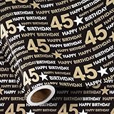 RUSPEPA Birthday Wrapping Paper Roll for Men Women - Mini Roll - 45 Happy Birthday Gift Paper, Black and Gold Star Wrap Paper for 45th Birthday, Party or Any Celebrations - 43.2cm x 5m
