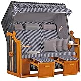 MR. DEKO Strandkorb Ostsee XXL Volllieger | PE Geflecht Schwarz inkl. 6 Kissen | Dessin Royal Anthrazit | Strandstuhl Liegestuhl DreisitzerStrandkörbe aus Hartholz | Garten, Wintergarten und Terrasse