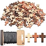 Saijer Holz Kreuz Anhänger,150 Stück Holzkreuz Mit 1 Rollen Gewachste Polyester Schnur 15M Streuartikel Taufe Verzierung 3 Farbe Segen Kreuz Charm für DIY Halskette Schmuck Zubehör Taufe Kommunion