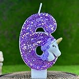 Ovanda Kerze 6 Geburtstag Mädchen, Einhorn Tortendeko Kerze 6, 3D Regenbogen Einhorn Geburtstagskerzen, Kerzen Zahlen 6 Lila, Geschenk Mädchen 6 Jahre, Einhorn Deko Kindergeburtstag 6